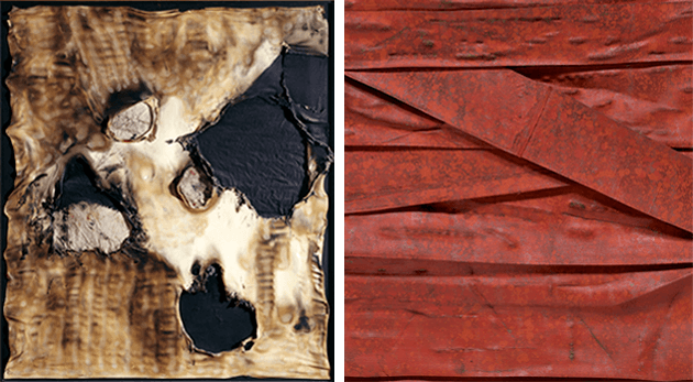 [left] Alberto Burri, Combustione plastica (Plastic combustion), 1958, Citta di Castello, Fondazione Burri, Italy. Image: Luisa Ricciarini / Bridgeman Images, Artwork: © Fondazione Palazzo Albizzini Collezione Burri, Città di Castello – DACS 2022 [right] Detail of the present work